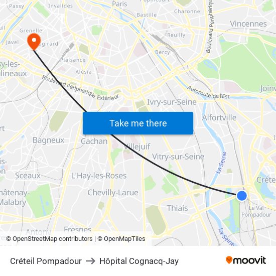 Créteil Pompadour to Hôpital Cognacq-Jay map