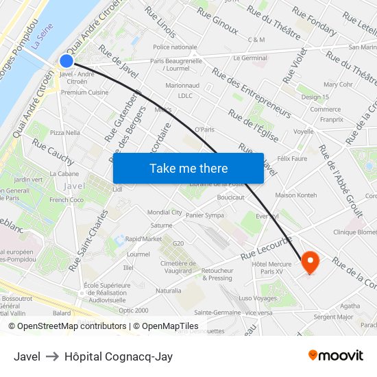 Javel to Hôpital Cognacq-Jay map