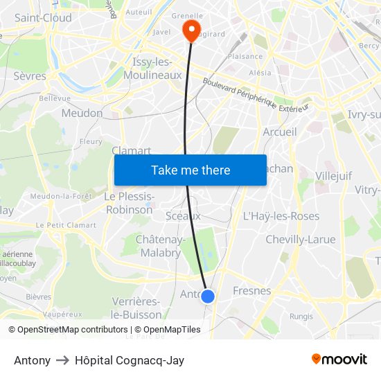 Antony to Hôpital Cognacq-Jay map