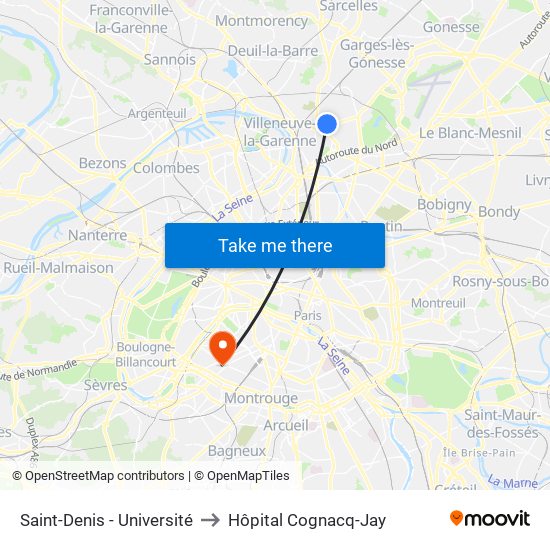 Saint-Denis - Université to Hôpital Cognacq-Jay map