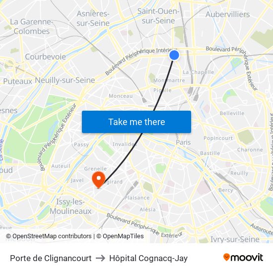 Porte de Clignancourt to Hôpital Cognacq-Jay map