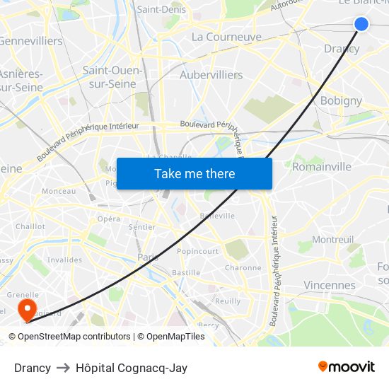 Drancy to Hôpital Cognacq-Jay map