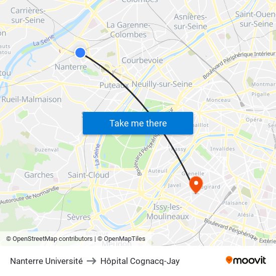 Nanterre Université to Hôpital Cognacq-Jay map