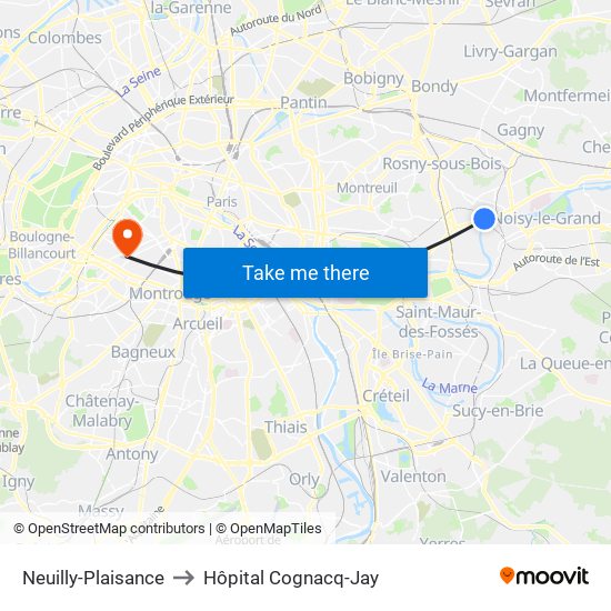 Neuilly-Plaisance to Hôpital Cognacq-Jay map