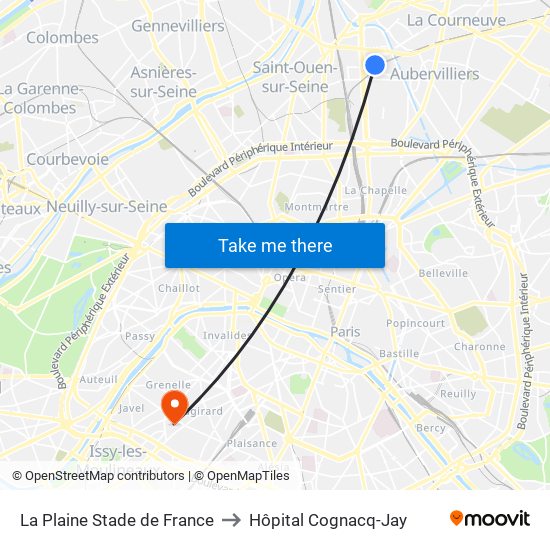 La Plaine Stade de France to Hôpital Cognacq-Jay map