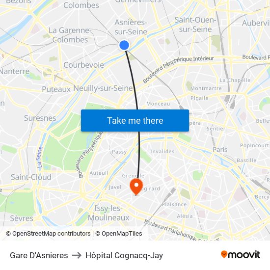 Gare D'Asnieres to Hôpital Cognacq-Jay map