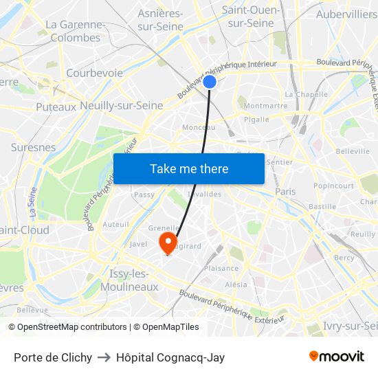 Porte de Clichy to Hôpital Cognacq-Jay map