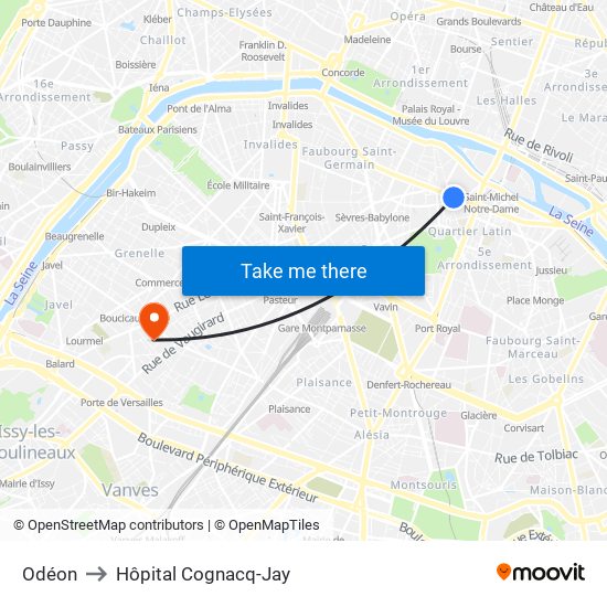 Odéon to Hôpital Cognacq-Jay map