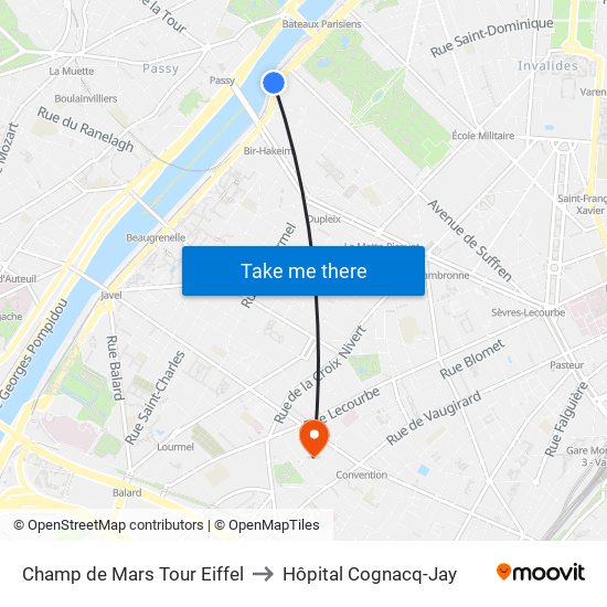 Champ de Mars Tour Eiffel to Hôpital Cognacq-Jay map