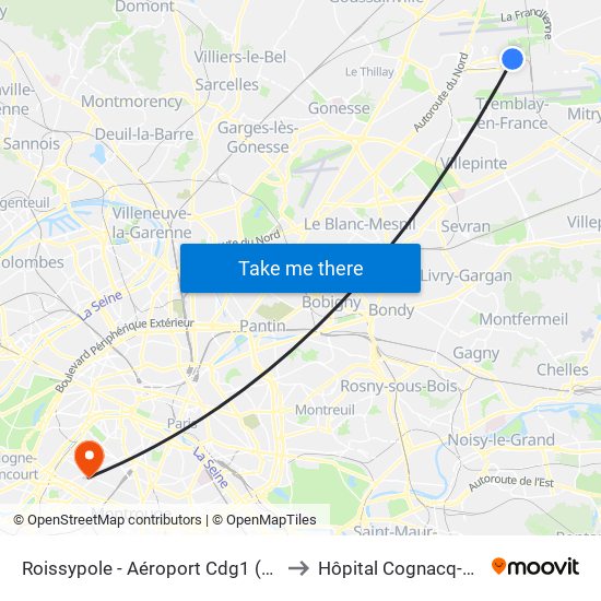 Roissypole - Aéroport Cdg1 (D3) to Hôpital Cognacq-Jay map