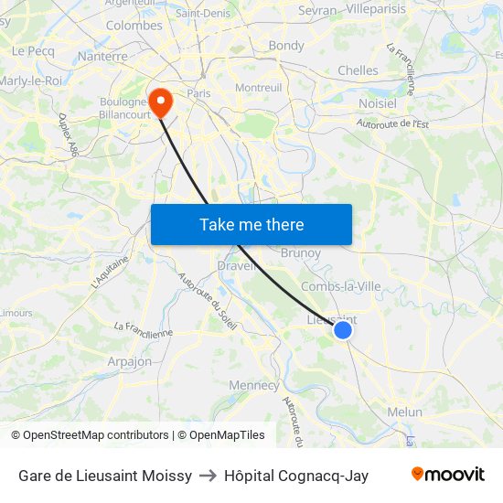 Gare de Lieusaint Moissy to Hôpital Cognacq-Jay map