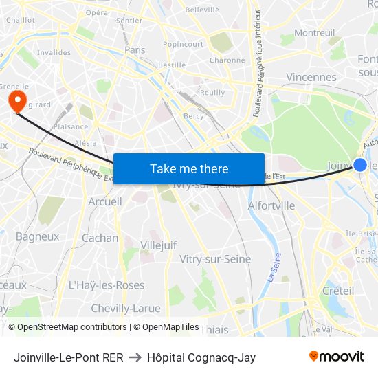 Joinville-Le-Pont RER to Hôpital Cognacq-Jay map