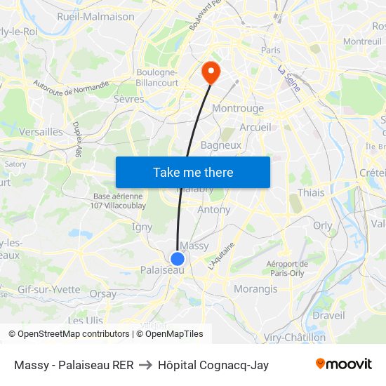 Massy - Palaiseau RER to Hôpital Cognacq-Jay map