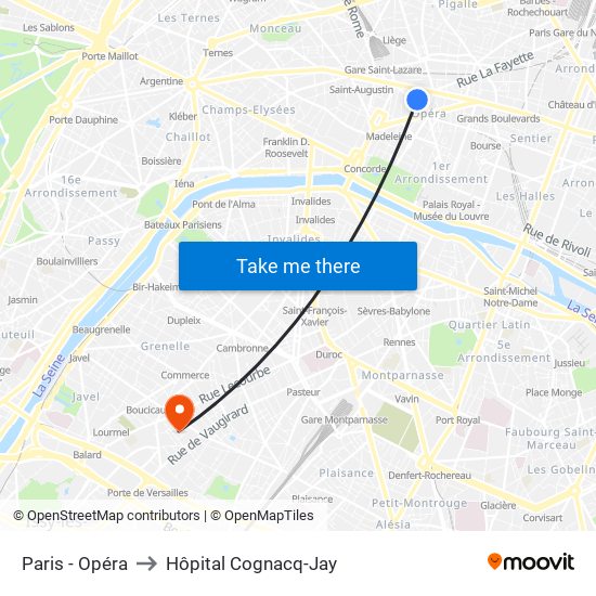 Paris - Opéra to Hôpital Cognacq-Jay map