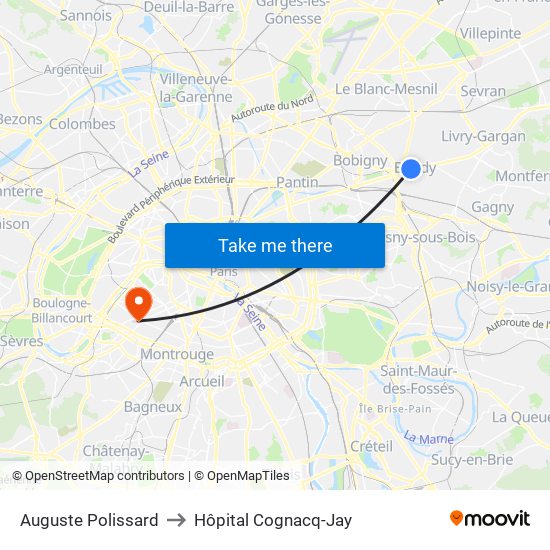 Auguste Polissard to Hôpital Cognacq-Jay map