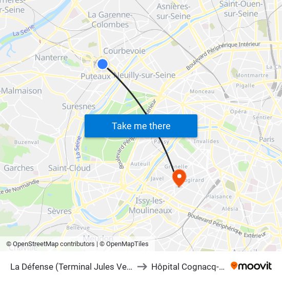 La Défense (Terminal Jules Verne) to Hôpital Cognacq-Jay map