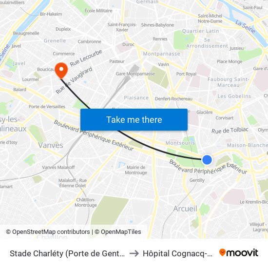 Stade Charléty (Porte de Gentilly) to Hôpital Cognacq-Jay map