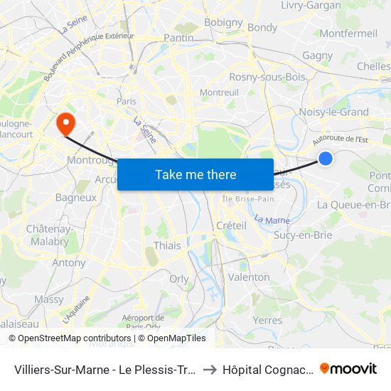 Villiers-Sur-Marne - Le Plessis-Trévise RER to Hôpital Cognacq-Jay map