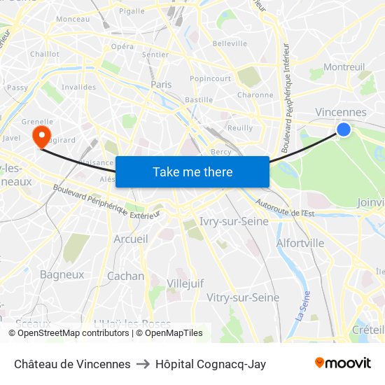 Château de Vincennes to Hôpital Cognacq-Jay map