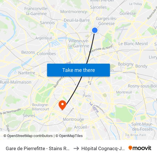 Gare de Pierrefitte - Stains RER to Hôpital Cognacq-Jay map