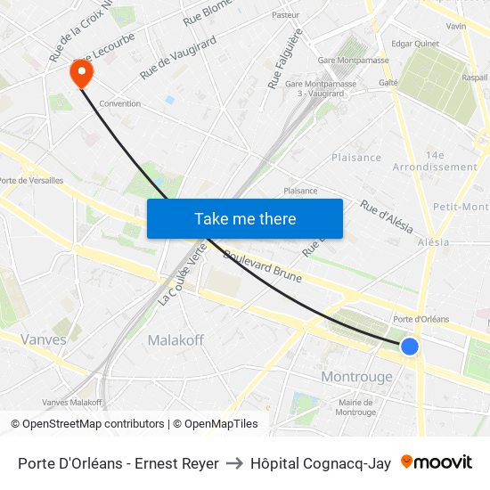 Porte D'Orléans - Ernest Reyer to Hôpital Cognacq-Jay map