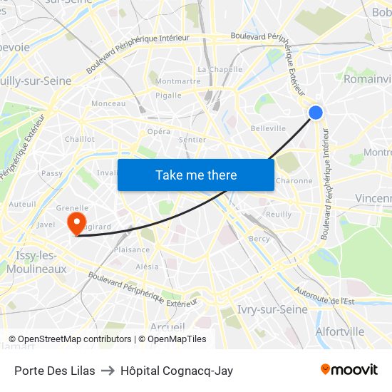 Porte Des Lilas to Hôpital Cognacq-Jay map