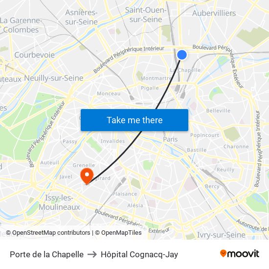Porte de la Chapelle to Hôpital Cognacq-Jay map
