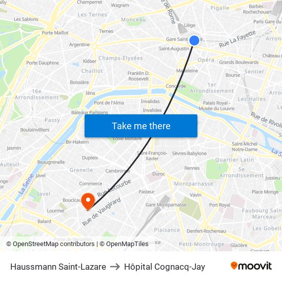 Haussmann Saint-Lazare to Hôpital Cognacq-Jay map