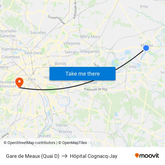 Gare de Meaux (Quai D) to Hôpital Cognacq-Jay map