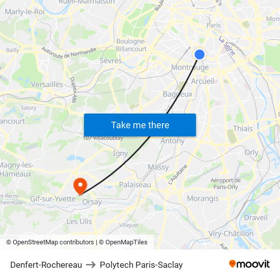 Denfert-Rochereau to Polytech Paris-Saclay map