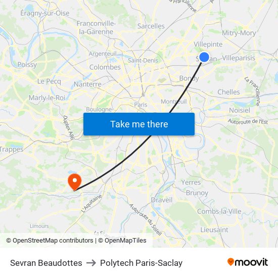 Sevran Beaudottes to Polytech Paris-Saclay map