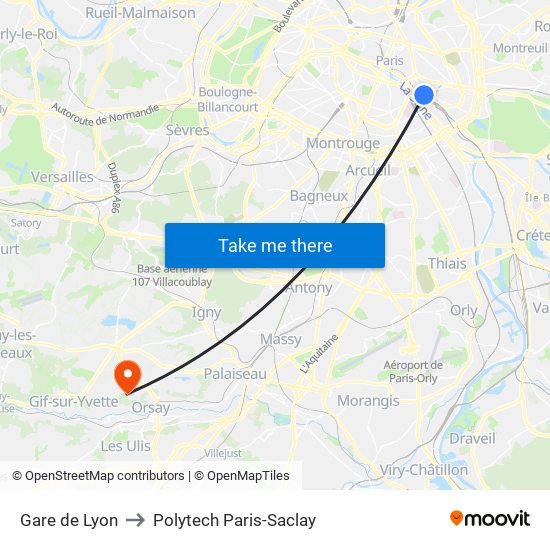 Gare de Lyon to Polytech Paris-Saclay map