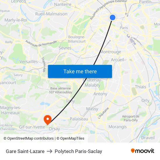 Gare Saint-Lazare to Polytech Paris-Saclay map