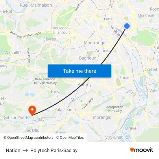 Nation to Polytech Paris-Saclay map