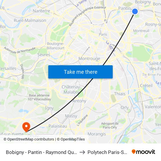 Bobigny - Pantin - Raymond Queneau to Polytech Paris-Saclay map