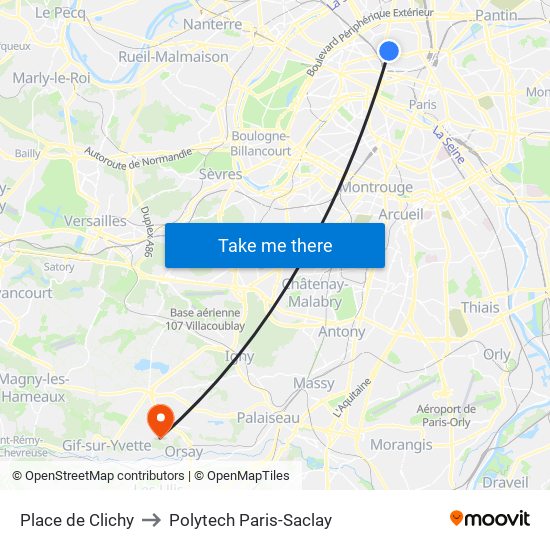 Place de Clichy to Polytech Paris-Saclay map