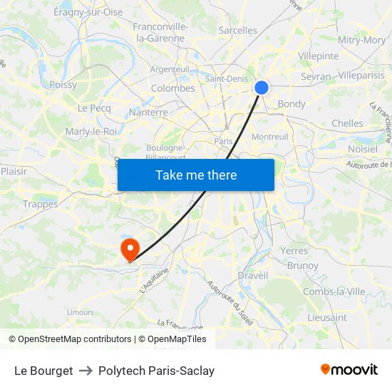 Le Bourget to Polytech Paris-Saclay map