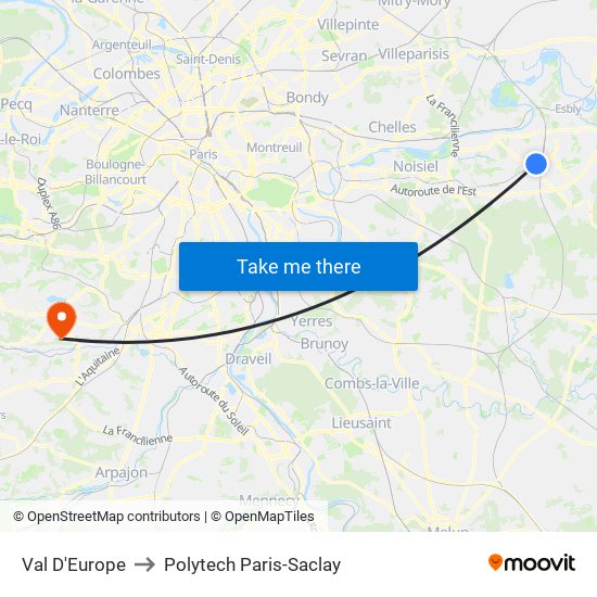 Val D'Europe to Polytech Paris-Saclay map