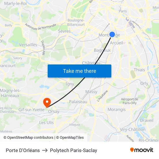 Porte D'Orléans to Polytech Paris-Saclay map