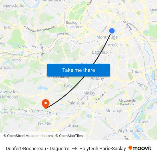 Denfert-Rochereau - Daguerre to Polytech Paris-Saclay map