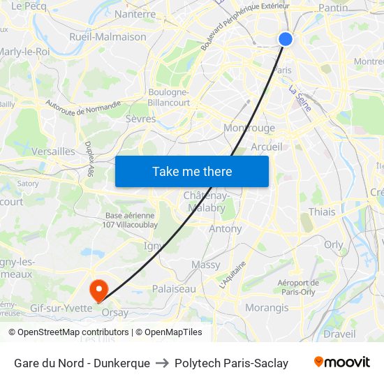 Gare du Nord - Dunkerque to Polytech Paris-Saclay map