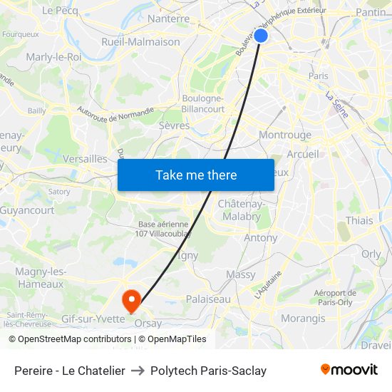 Pereire - Le Chatelier to Polytech Paris-Saclay map