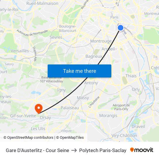Gare D'Austerlitz - Cour Seine to Polytech Paris-Saclay map