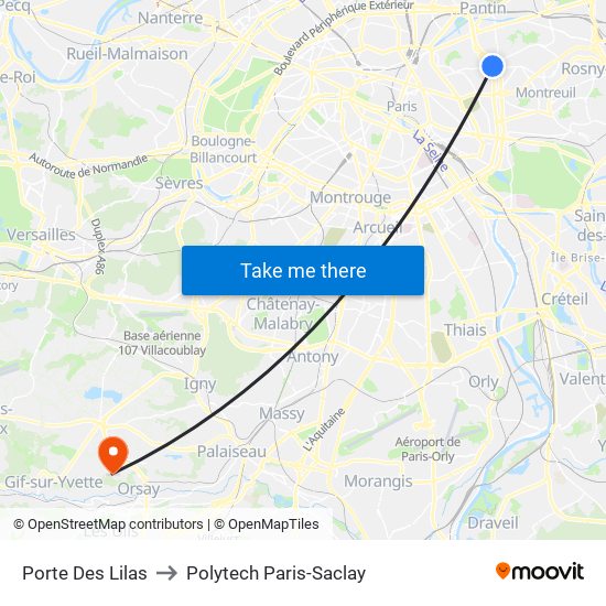 Porte Des Lilas to Polytech Paris-Saclay map