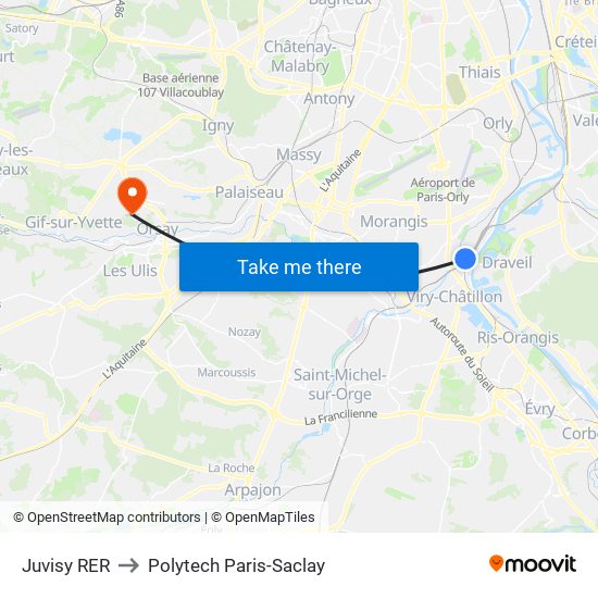 Juvisy RER to Polytech Paris-Saclay map