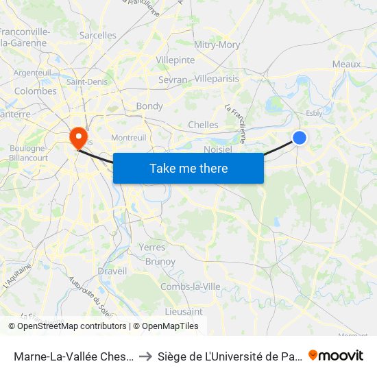 Marne-La-Vallée Chessy to Siège de L'Université de Paris map