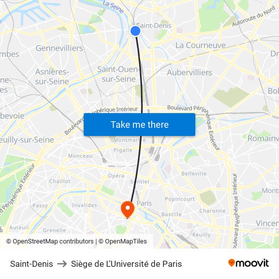 Saint-Denis to Siège de L'Université de Paris map