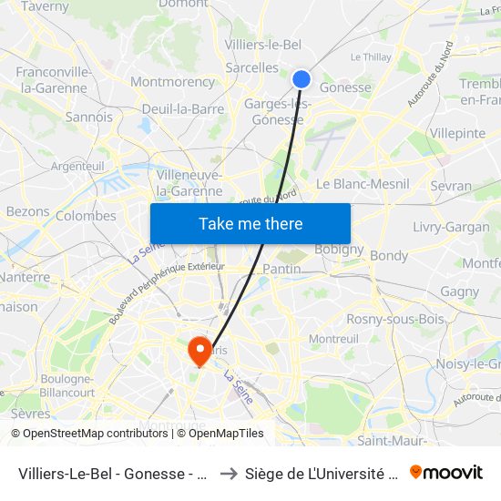 Villiers-Le-Bel - Gonesse - Arnouville to Siège de L'Université de Paris map