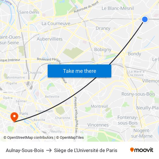 Aulnay-Sous-Bois to Siège de L'Université de Paris map