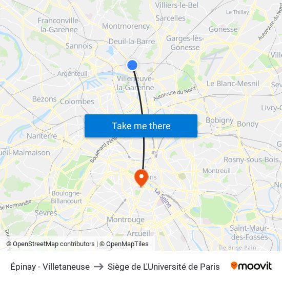 Épinay - Villetaneuse to Siège de L'Université de Paris map